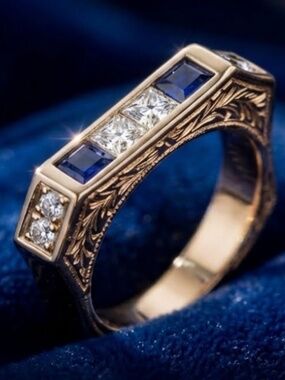Heirloom Solid 14K Yellow Gold Diamond & Sapphire Band Ring